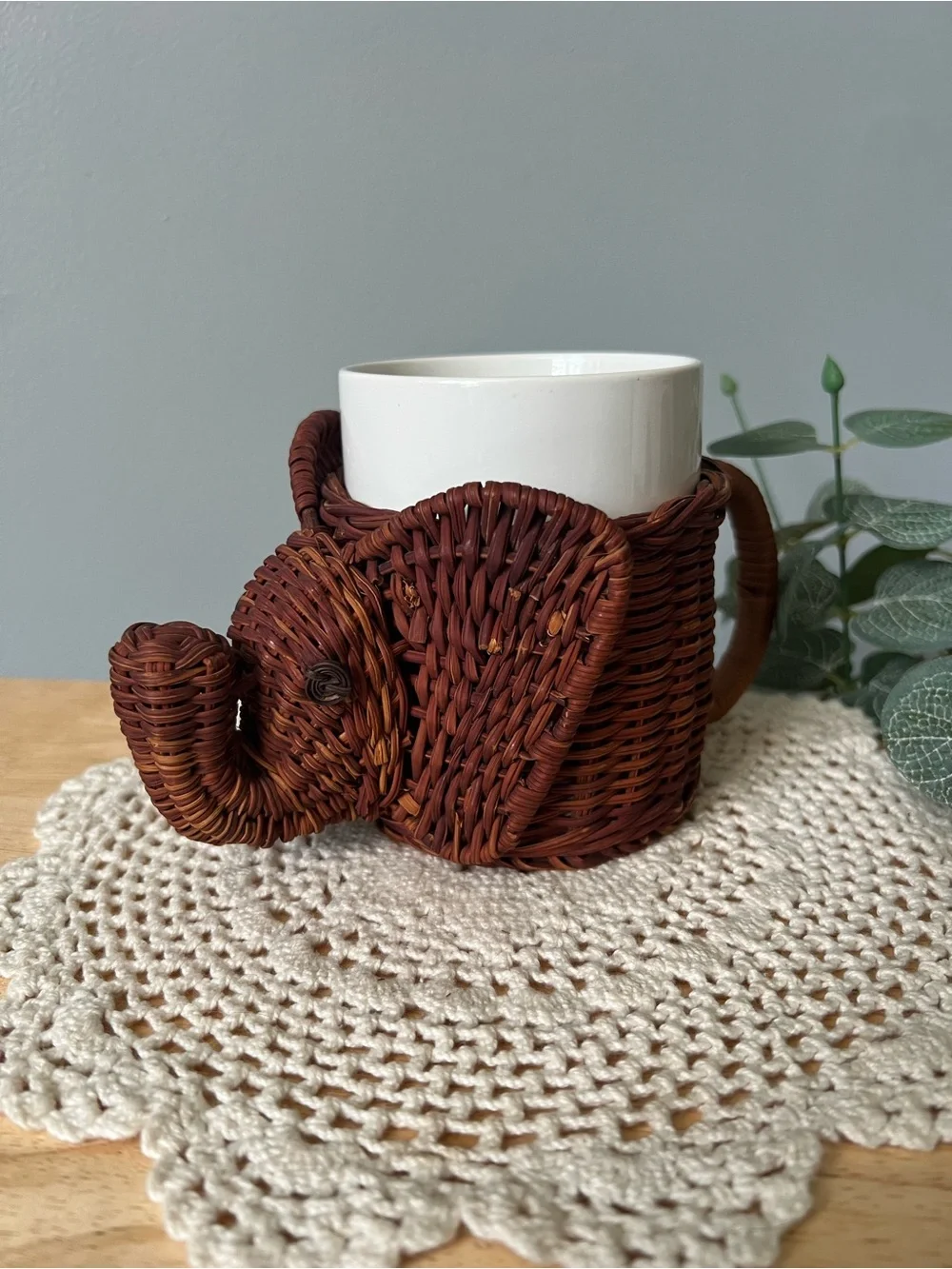 Vintage Handwoven Trunk Up Elephant Basket Planter Rich Brown Retro Wicker Boho